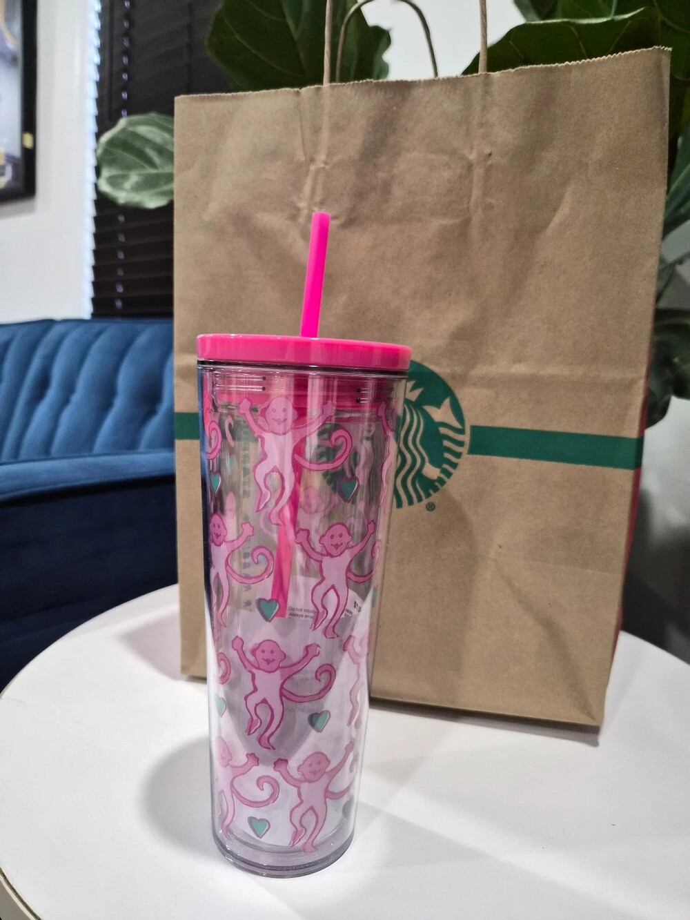 Starbucks Roller Rabbit Pink Monkey Tumbler with Straw